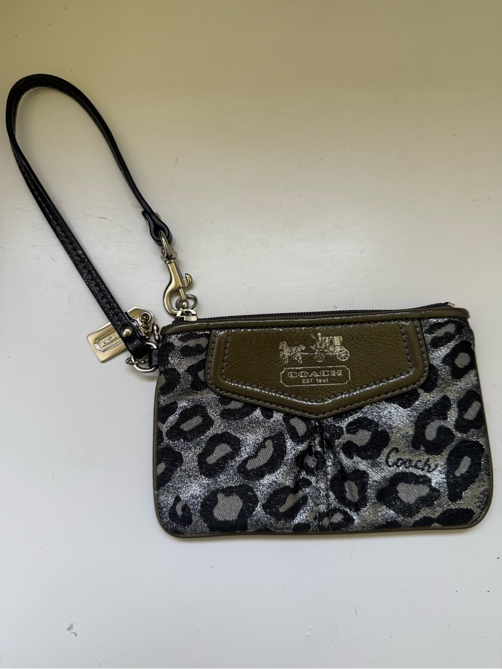 Coach Silver Black Leopard Print Wristlet Zip Pouch